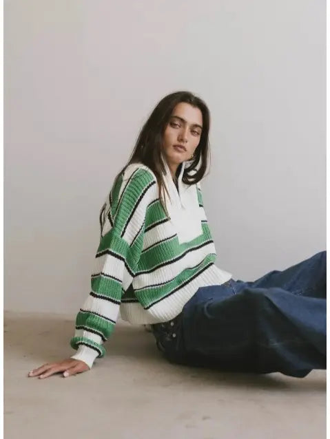 Preppy Color Block Half-Zip Striped Sweater-Green