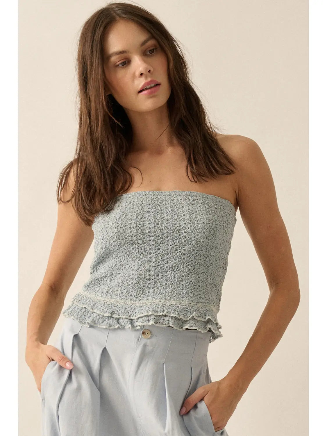 Floral Lace Ruffled Tube Top