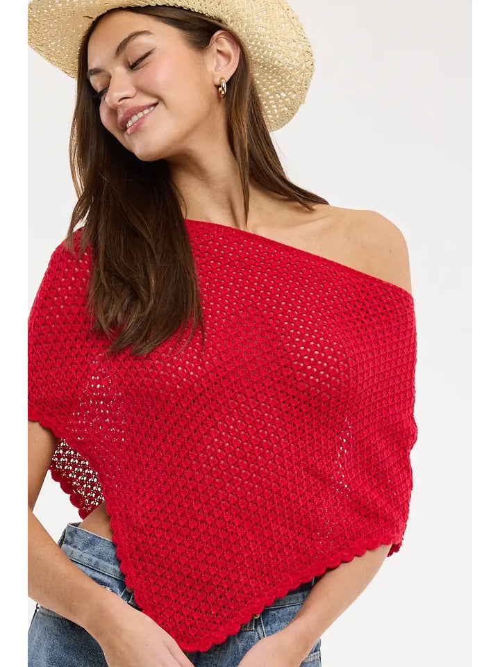 Net Knit Solid Color One Shoulder Crochet Poncho