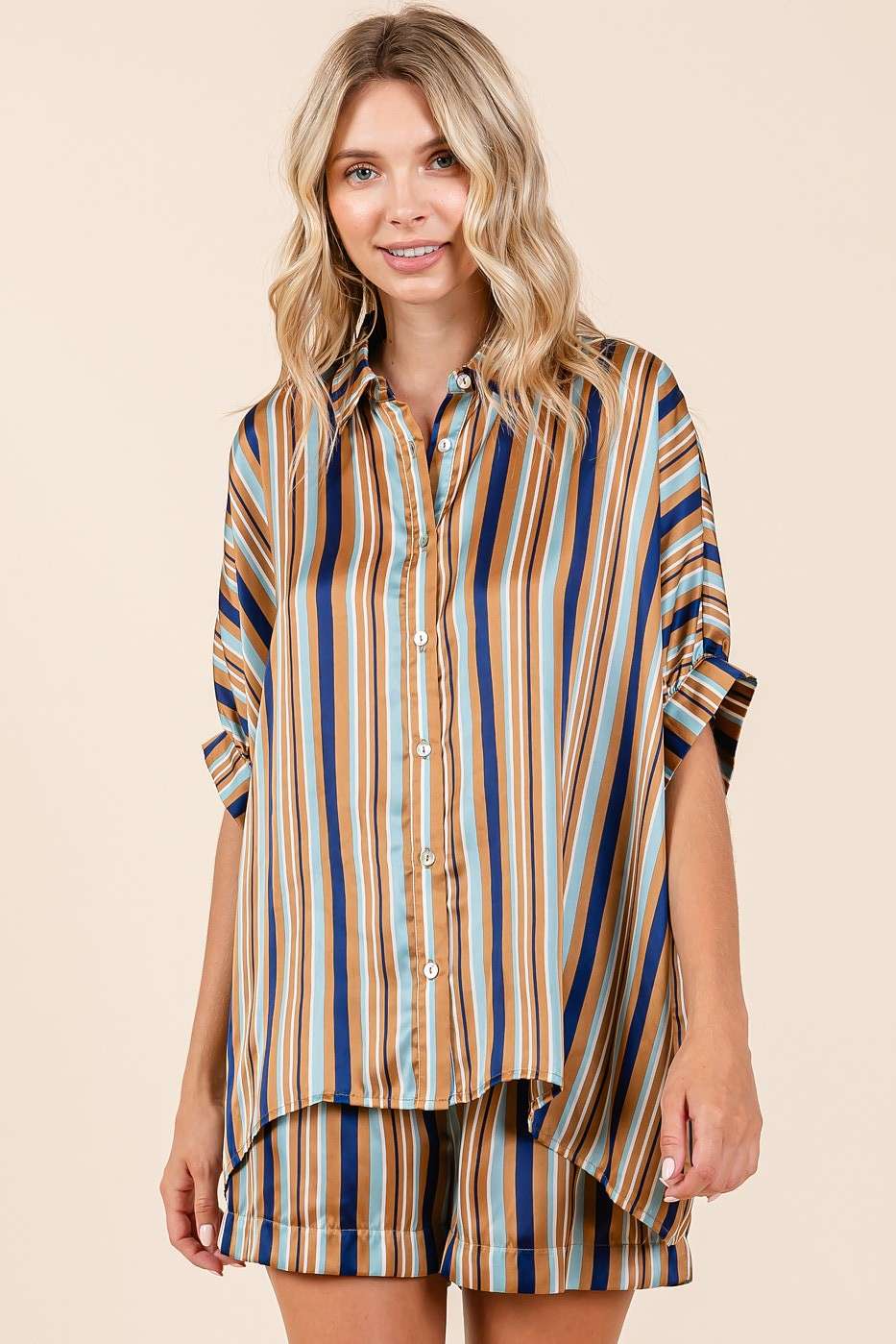 Multicolor Striped Print Satin Dolman Sleeve Top