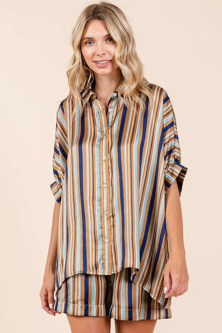 Multicolor Striped Print Satin Dolman Sleeve Top