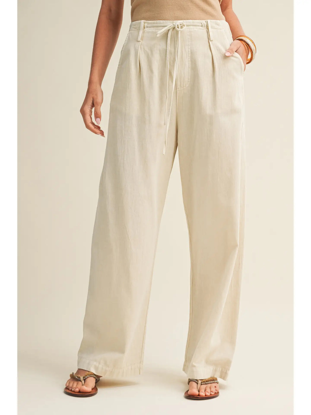Pleated Drawstring Waist Wide-Leg Dyed Pant