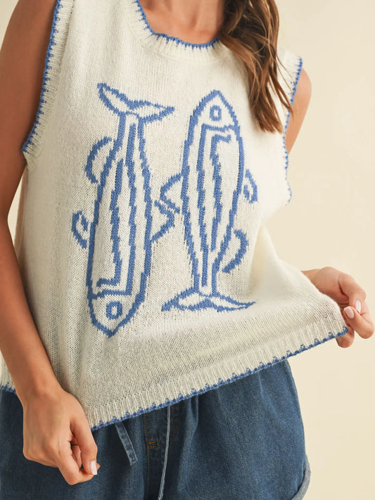 Fish Printed Sleeveless Sweater Top