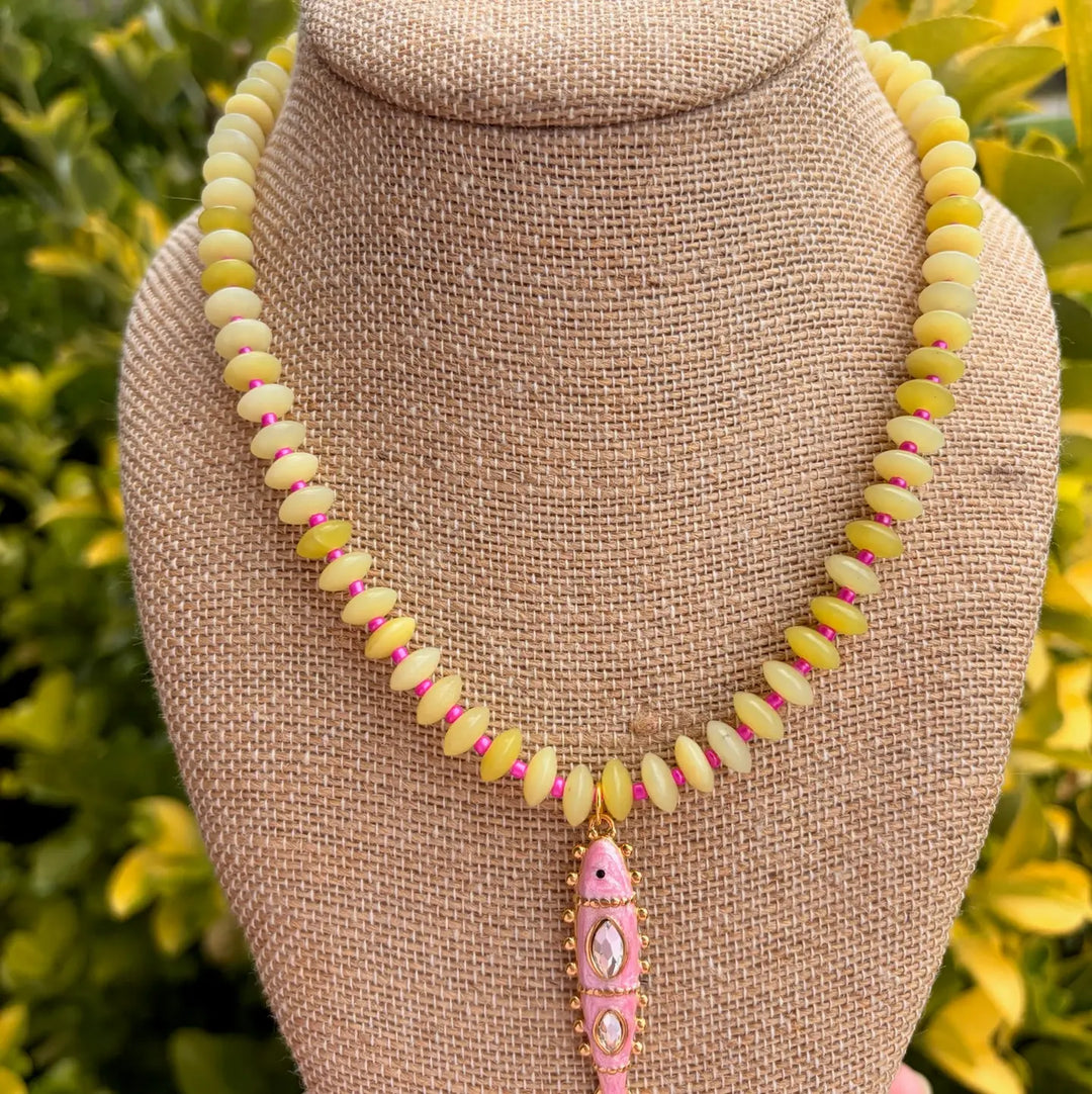 Pink and Yellow Mixed Beads with Pink Fish Charm