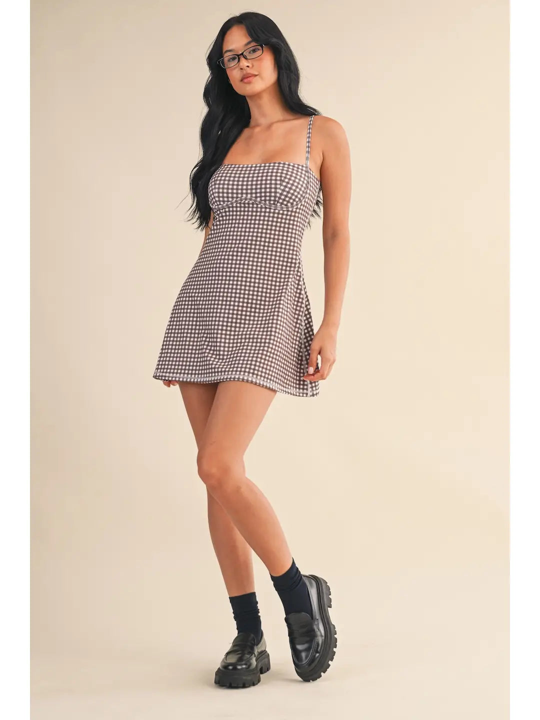 Brown Gingham Print Sweetheart Dress