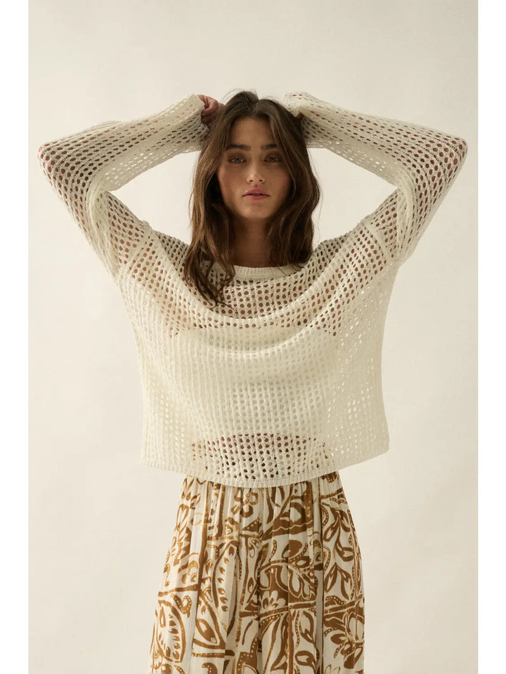 Open-Knit Crochet Sheer Loose-Fit Sweater