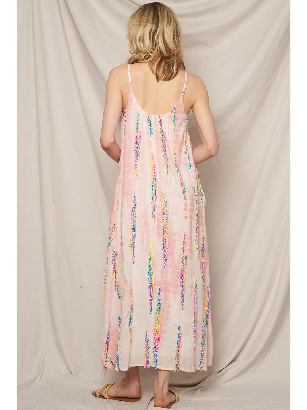 Multicolor Tie-Dye Embroidered Cami Maxi Dress
