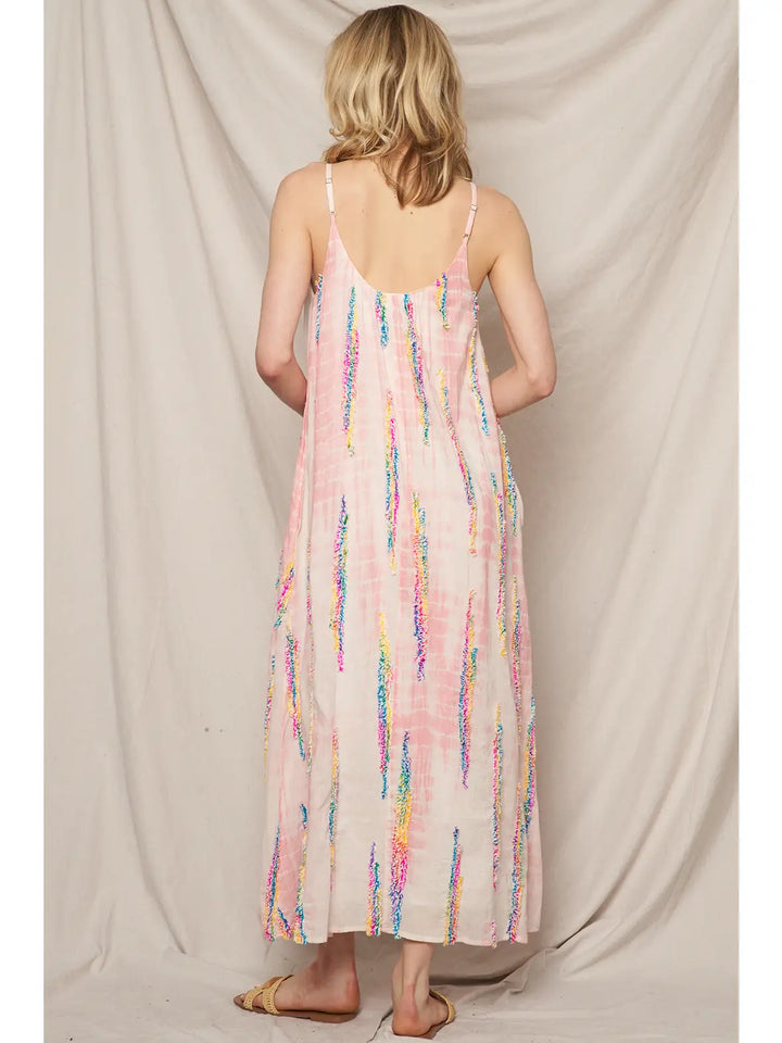 Multicolor Tie-Dye Embroidered Cami Maxi Dress