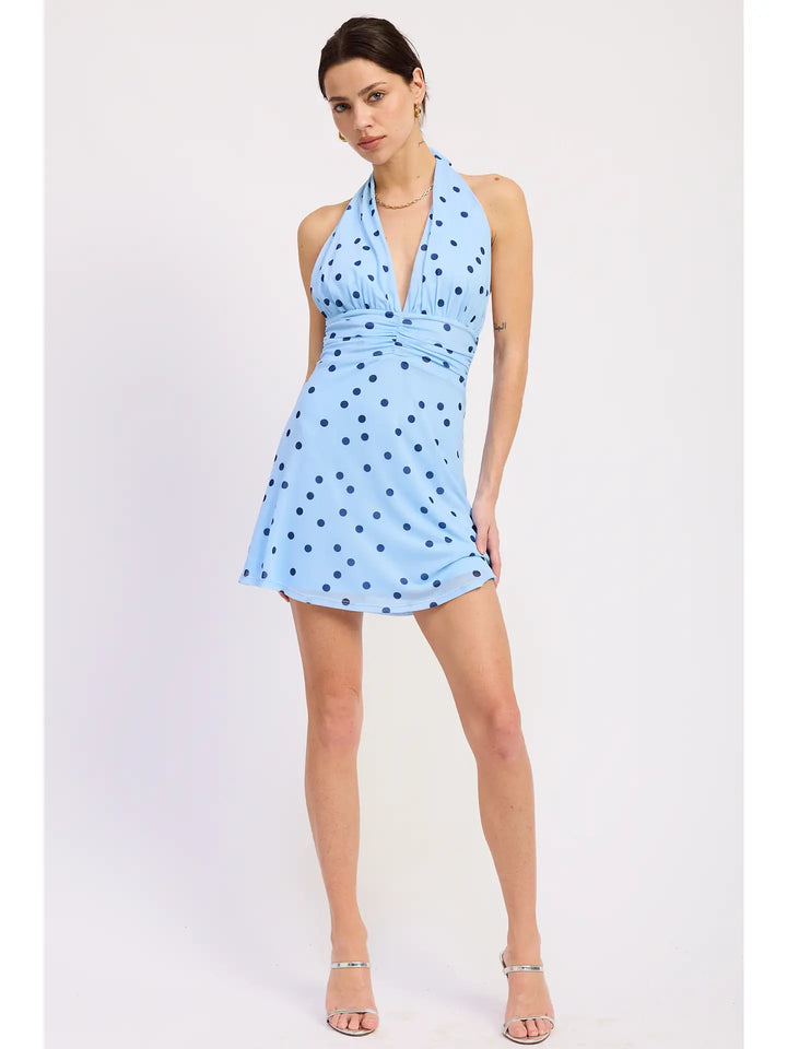 Blue Polka Dot Deep-V Halter Neck Mini Dress