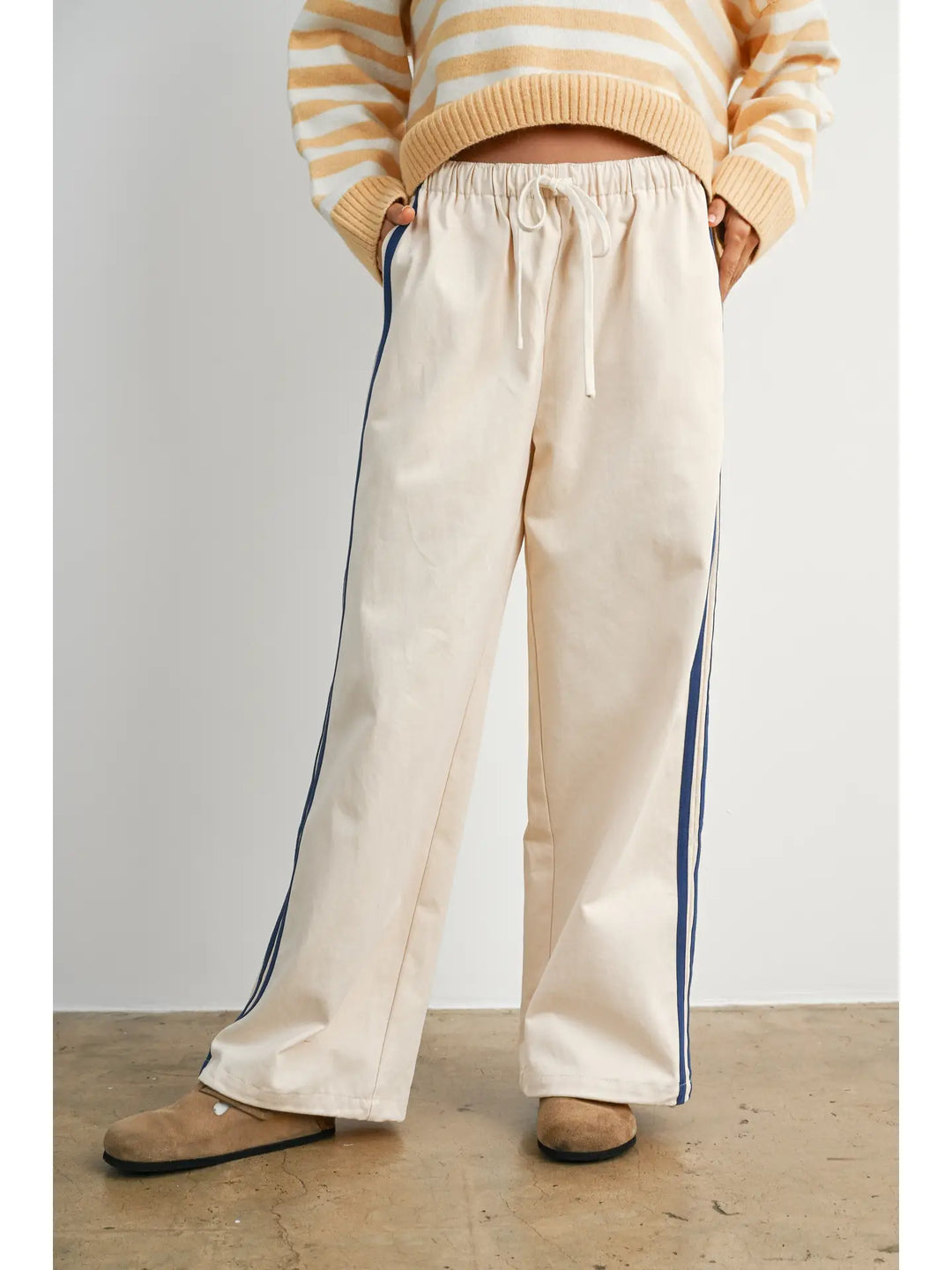 Striped Wide-Leg Drawstring Track Pants