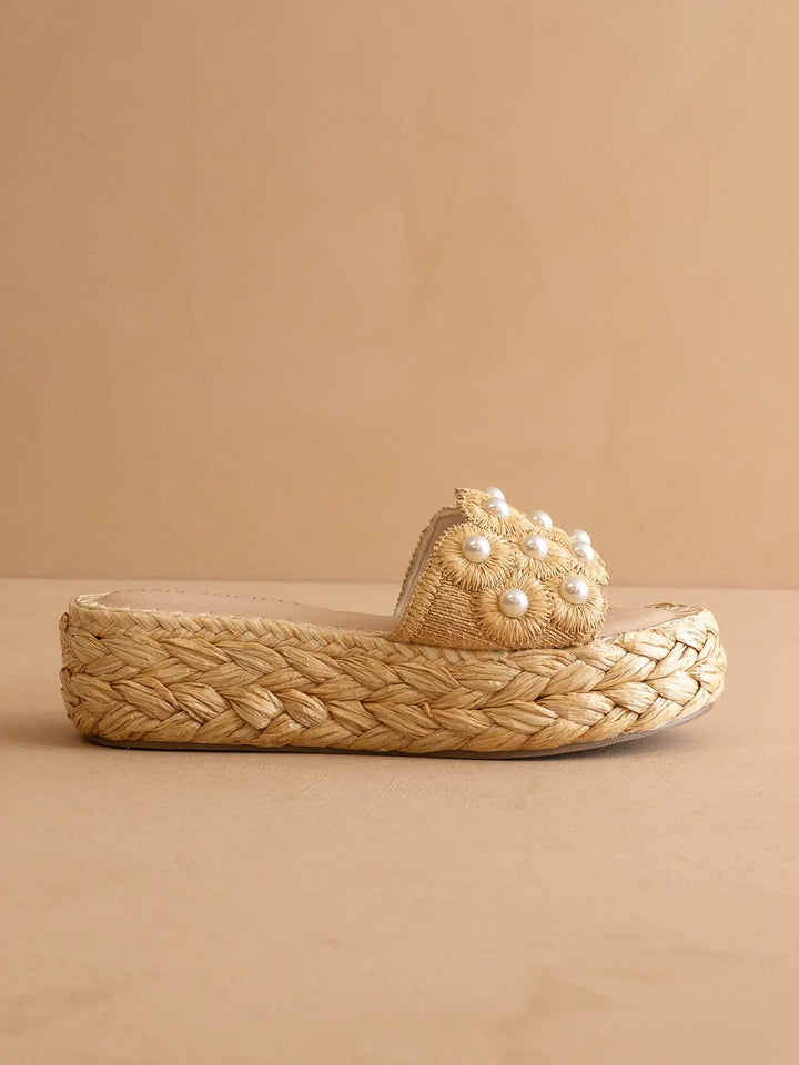 The Candice | Natural Floral Raffia Platform Slide
