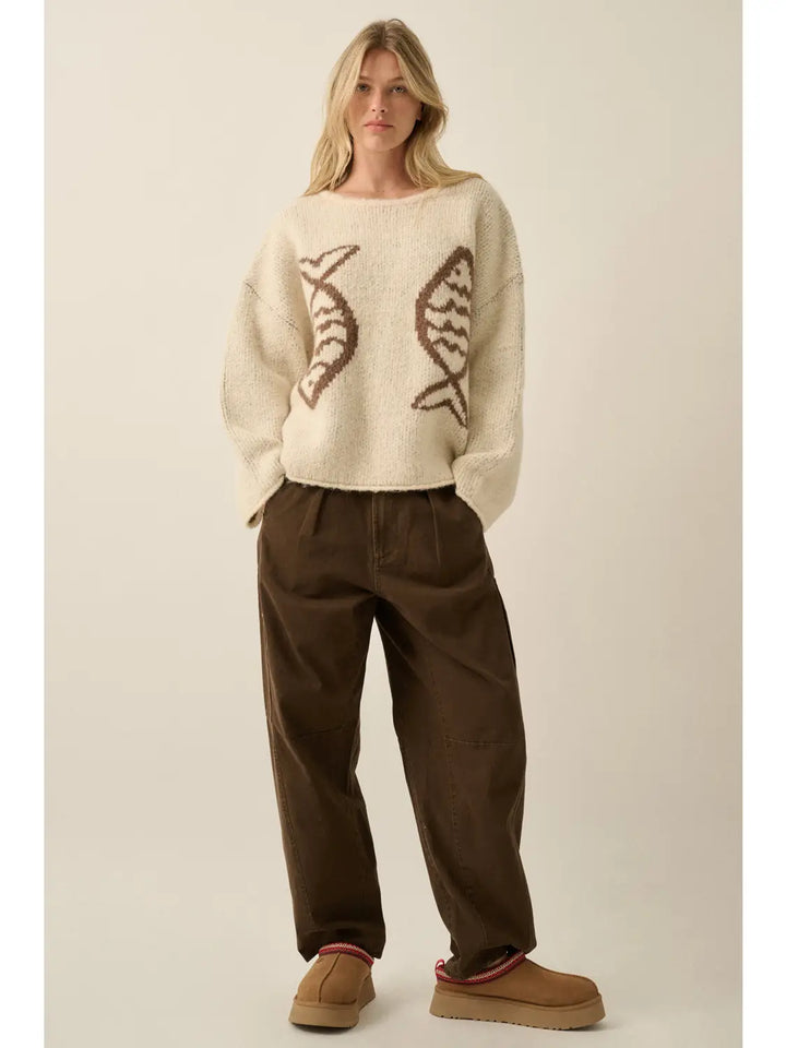 Fish Jacquard-Knit Drop-Shoulder Rolled-Edge Sweater