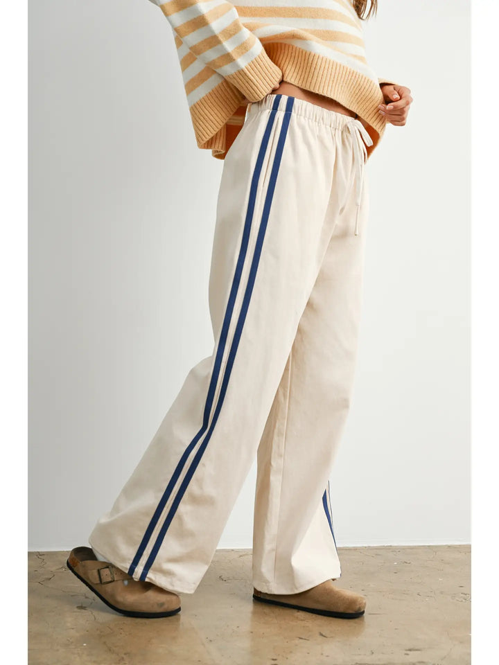 Striped Wide-Leg Drawstring Track Pants