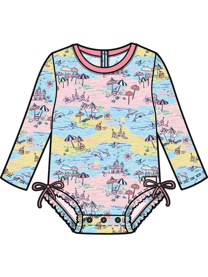 Baby Girls Beach Day Long Sleeve One Piece Rash Guard Swimsuit with Signature Rear Ruffles