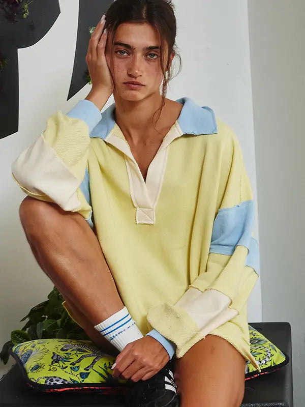 French Terry Color-Block Collared Loose Fit Top