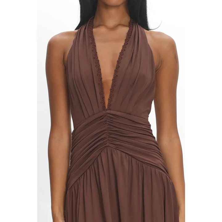 Plunge Halter Ruched Maxi Dress
