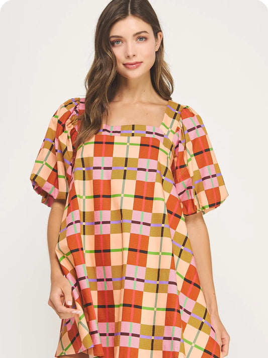 Plaid Puff Short Sleeve Babydoll Mini Dress