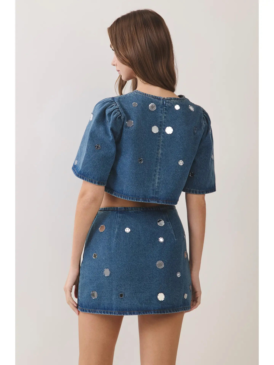 Embellished Denim Puff Sleeve Crop Top