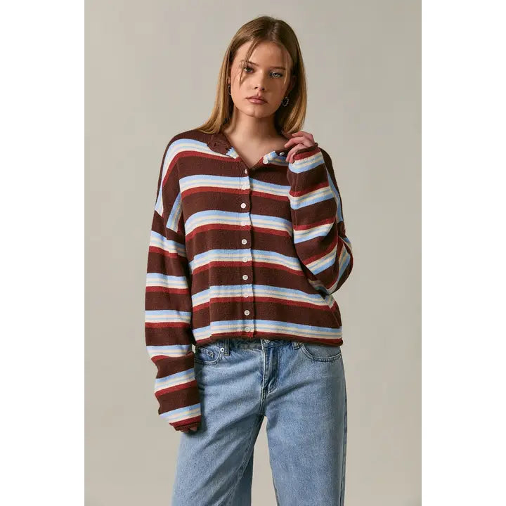 Roll Hem Buttons Detail Striped Cardigan