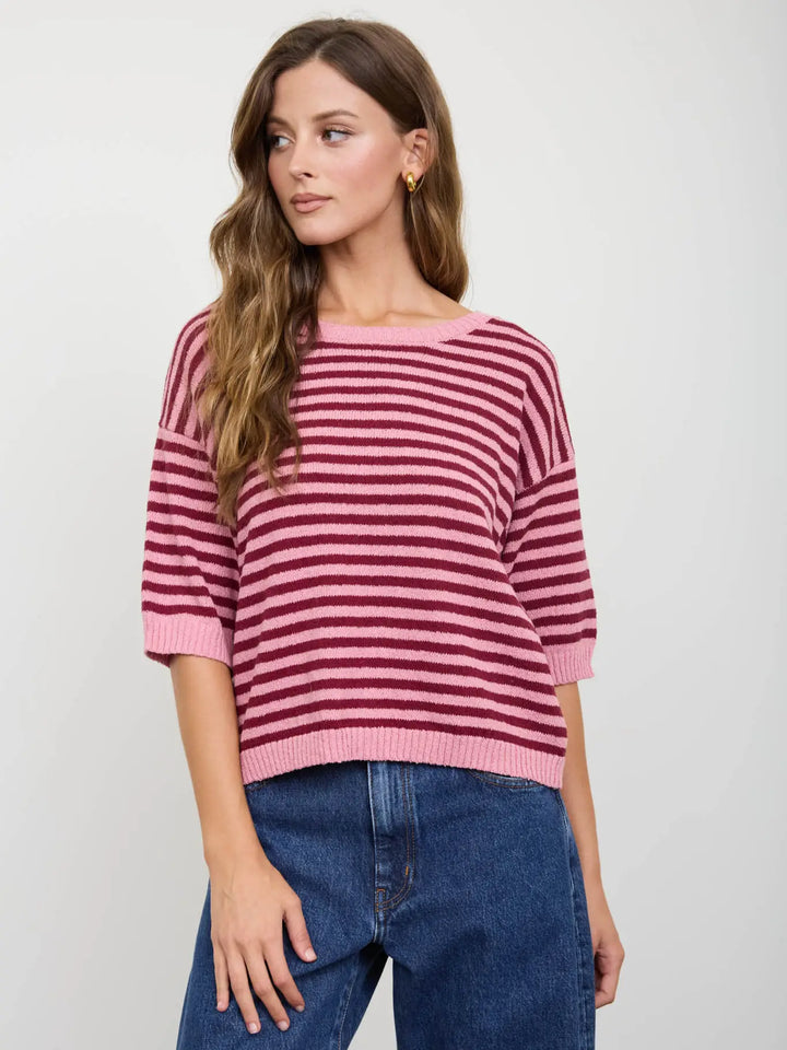 Stripe Contrast Trim Short Sleeve Knit Sweater