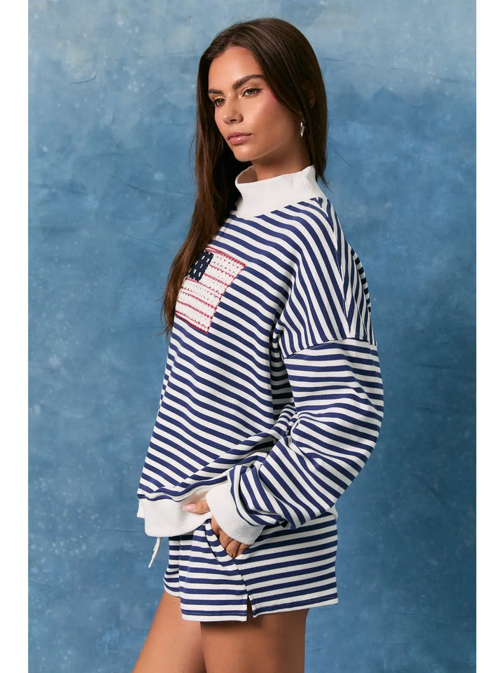 Stripe Mockneck Sweatshirts with American Flag