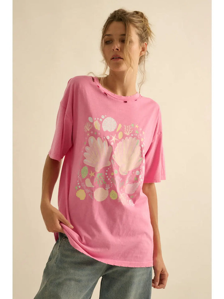 Seashells Distressed Oversize Graphic Tee