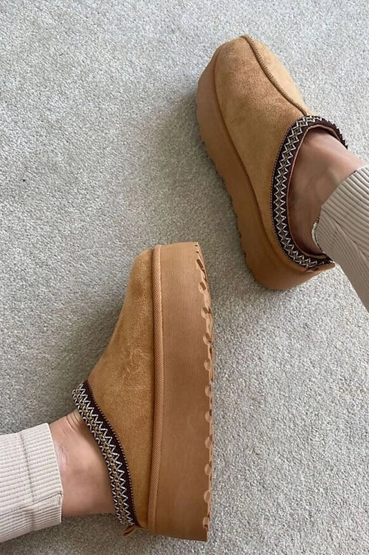 Chestnut Fluffy Platform Slippers Faux Fur Lined