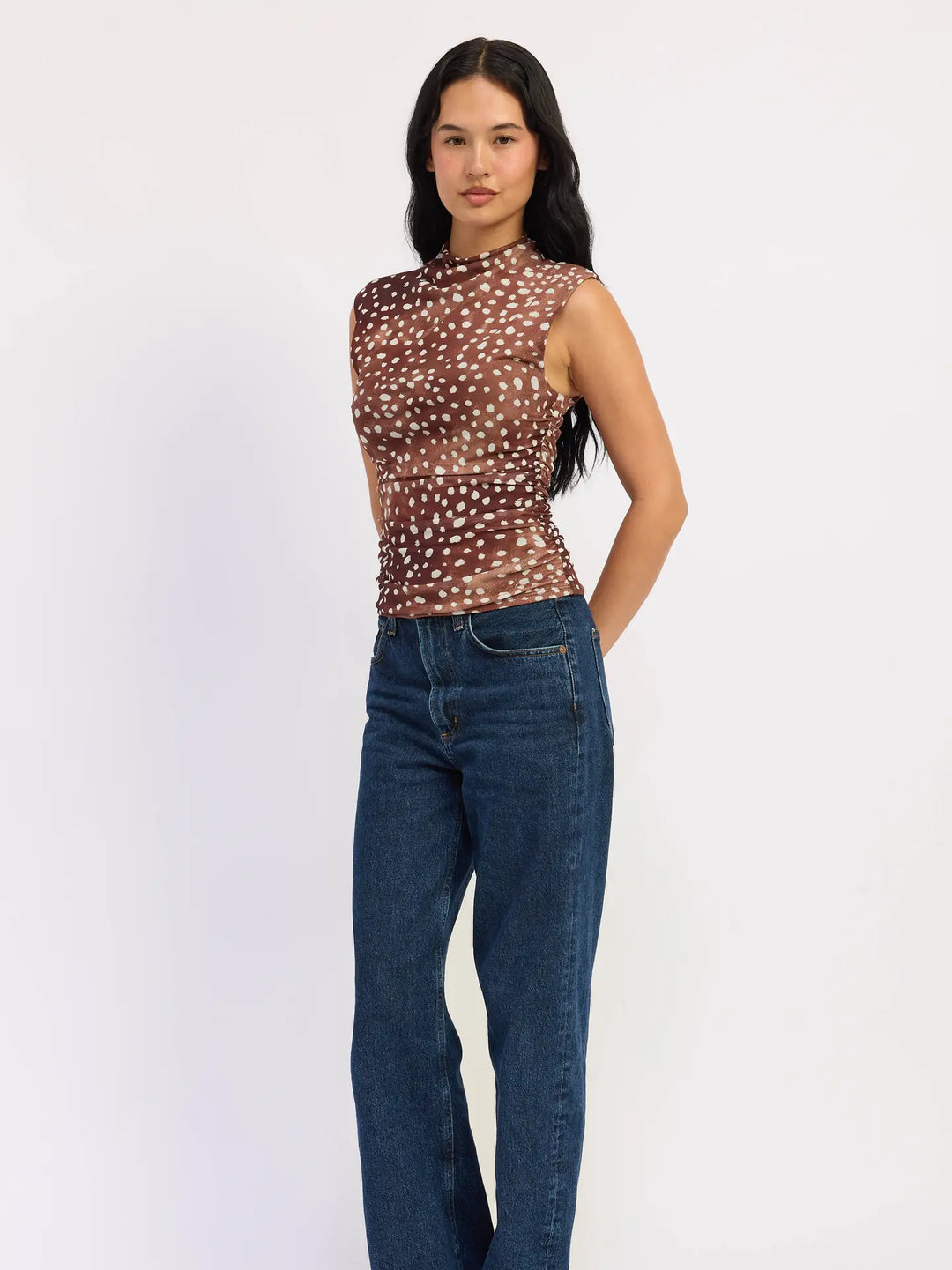 Sleeveless Fitted Mesh Fawn Print Top