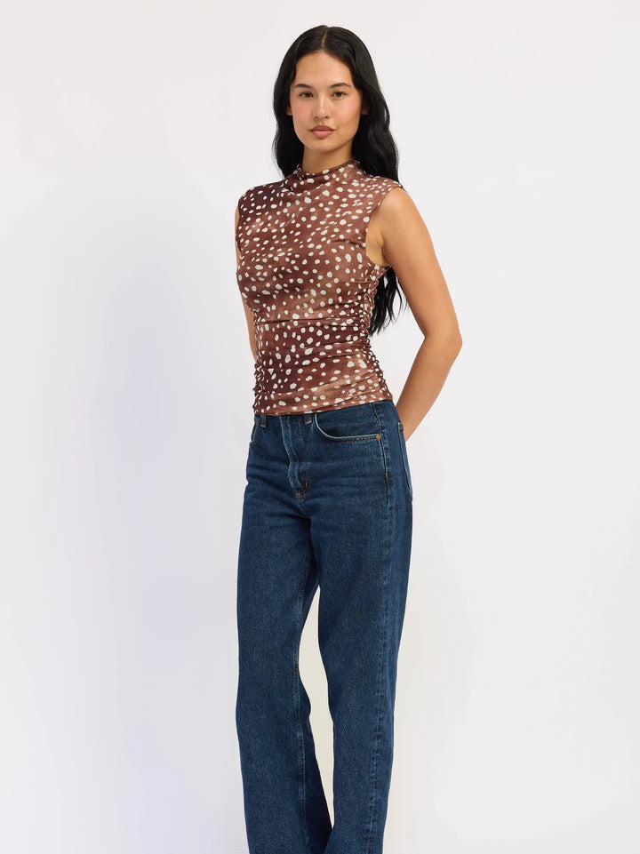 Sleeveless Fitted Mesh Fawn Print Top