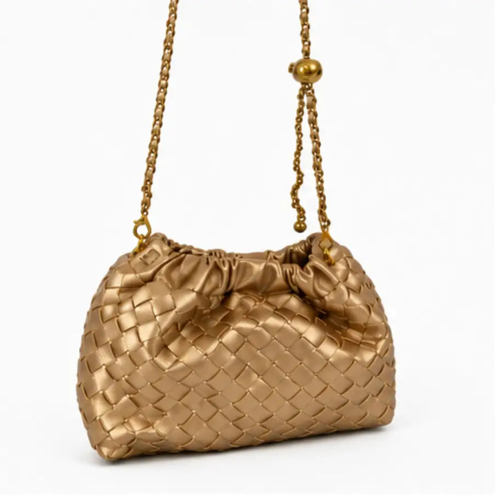 Golden Woven Vegan Leather Chain Shoulder Bag