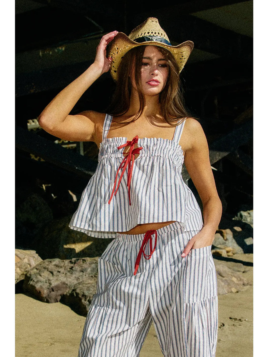 Self Tie Front Cotton Woven Stripe Print Tank Top