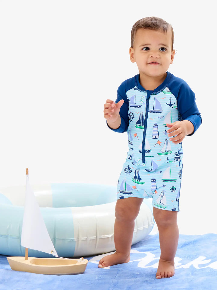 Baby Boys Blue Sweet Sails Long Sleeve One Piece Rash Guard Swimsuit