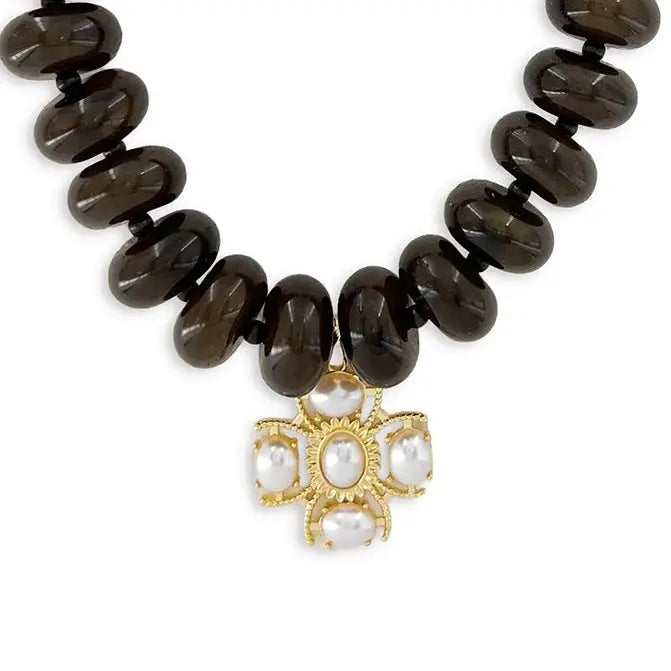 Chocolate Brown Beaded Pearl Cross Pendant Necklace