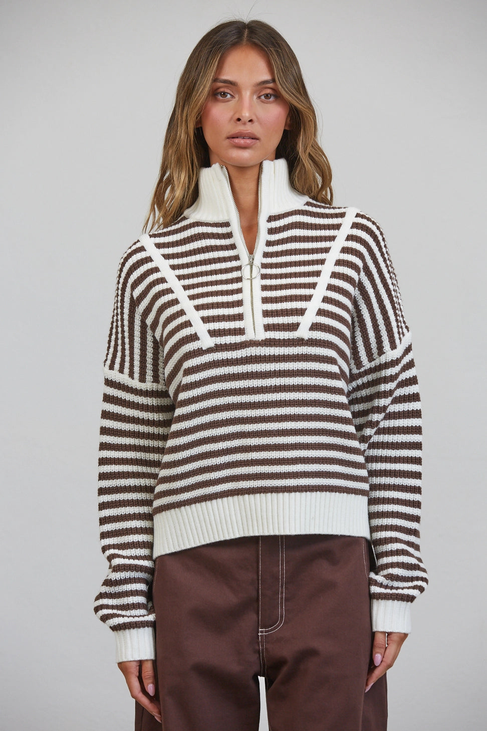 Half-Zip Striped Sweater-Brown