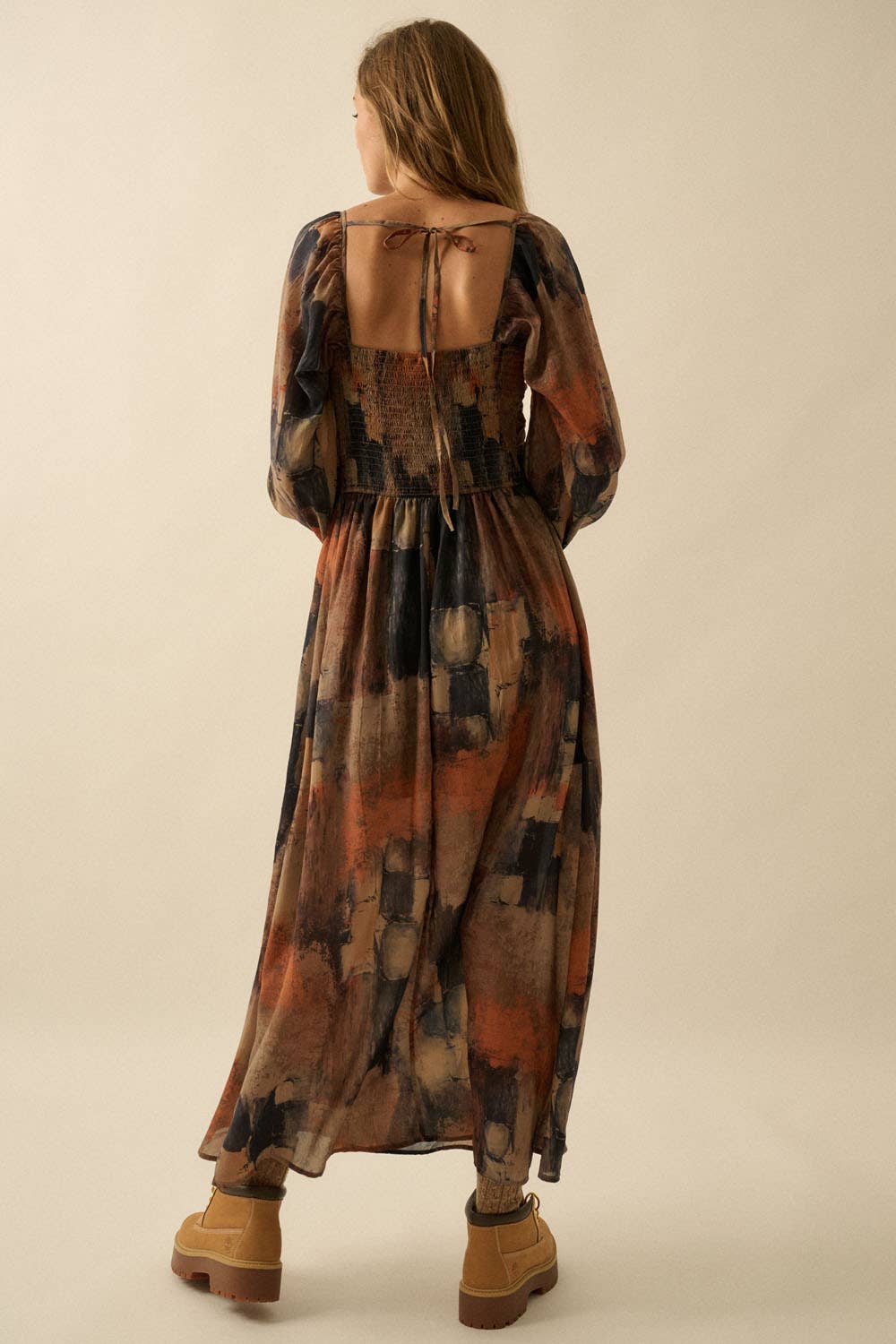 Abstract-Print Velvet-Trimmed V-Neck Maxi Dress