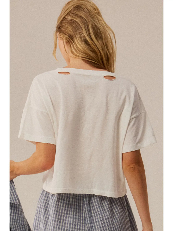 Océan Soleil & Liberté Distressed Cropped Graphic Tee