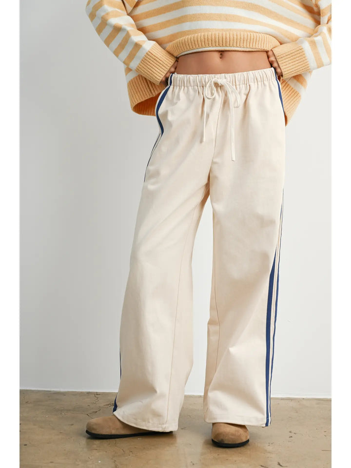 Striped Wide-Leg Drawstring Track Pants
