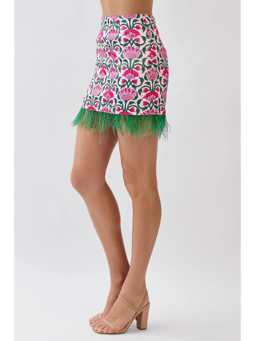 Floral Print Feather Trim Mini Skirt