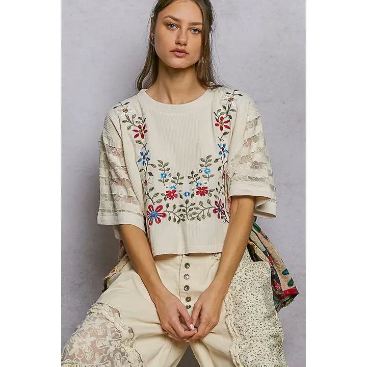 Boho Side Ruffle Detail Floral Embroidery Thermal Top