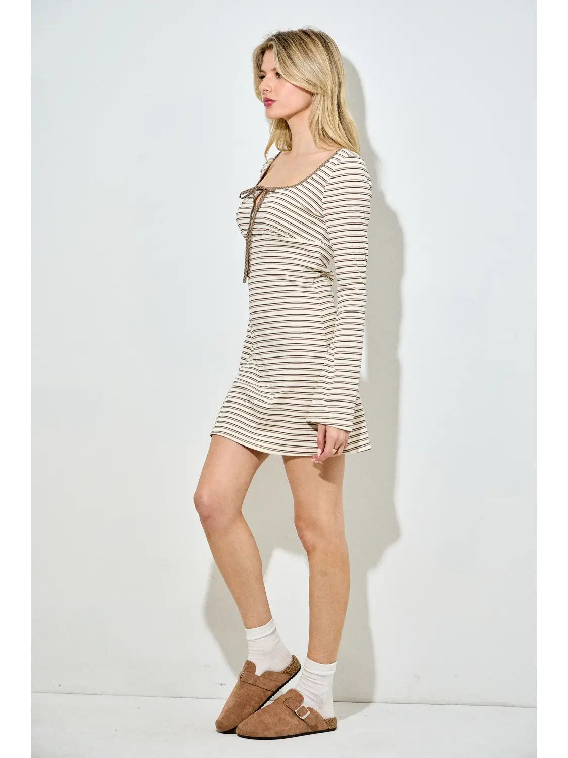 Plaid Edge Striped Bell Sleeve Mini Dress