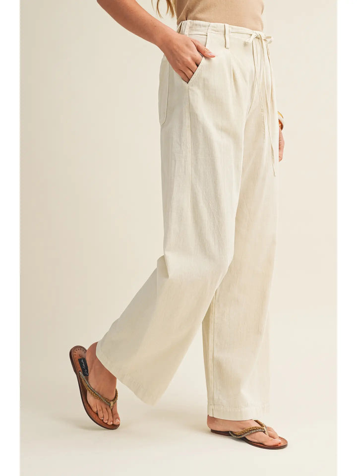 Pleated Drawstring Waist Wide-Leg Dyed Pant