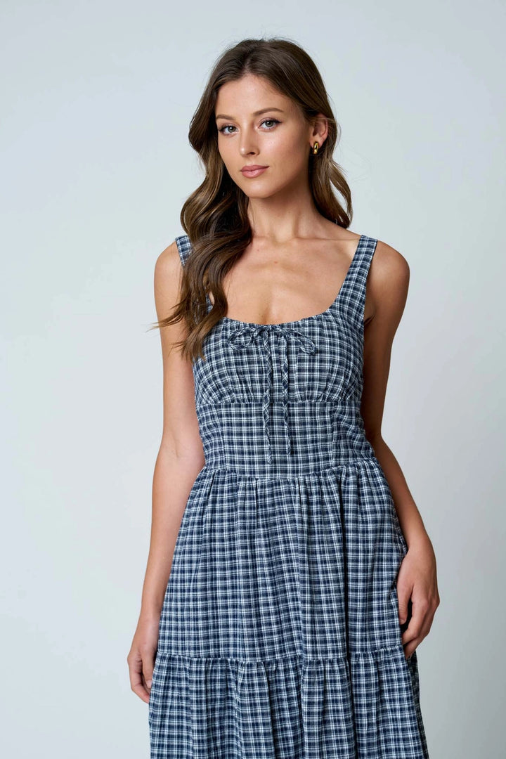 Plaid Front Tie Corset Detail Tiered Midi Dress