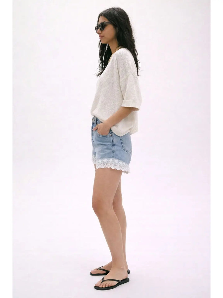 Lace Trim Denim Shorts