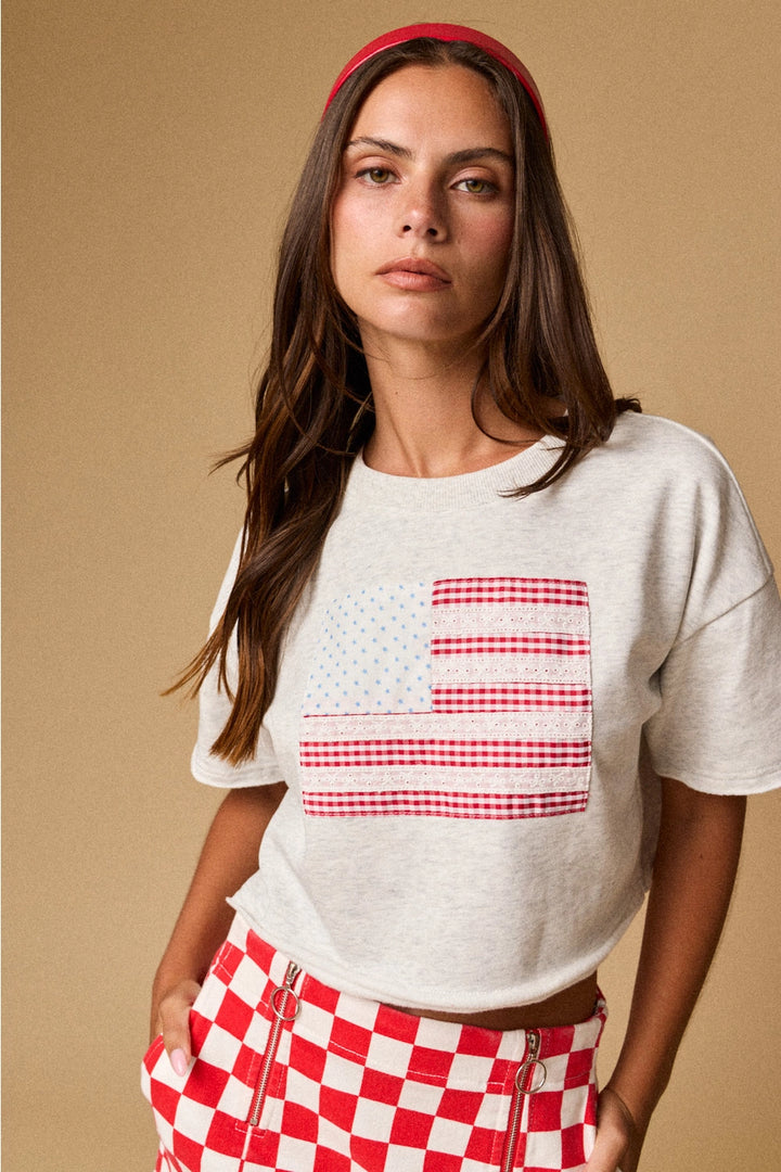 Crew Neck American Flag Patch S/S Top