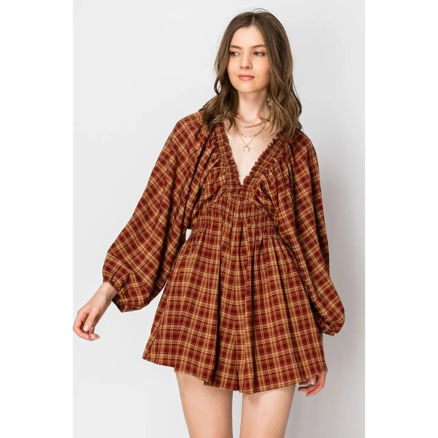 Dolman Sleeve Plaid Smocked V-Neck Romper