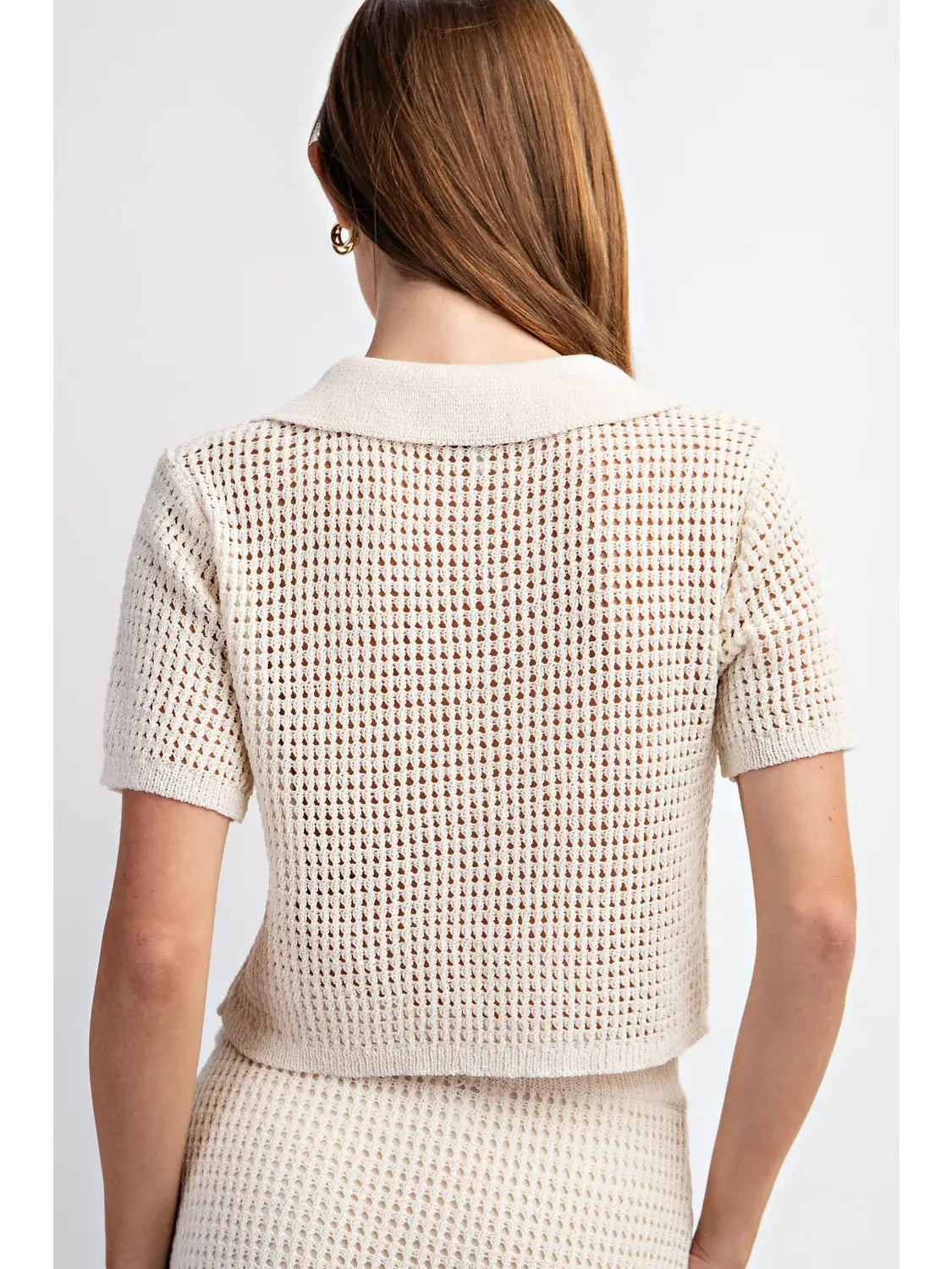 Open Knit Collared Sweater Top