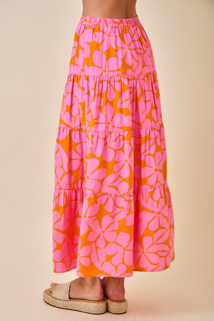Floral Print Tiered Midi Maxi Long Skirt With Elastic Waist