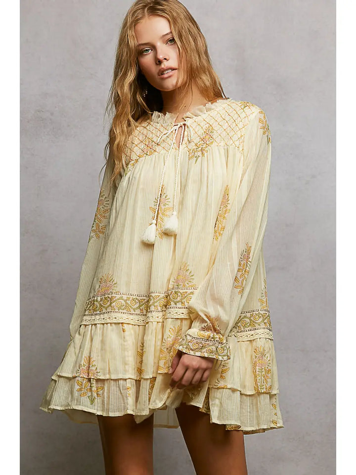 Bohemian Long Sleeve Floral Dress with Tassels | POL