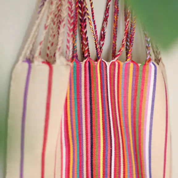 Las Rayas Tote Hand Woven in Chiapas - Natural with Rainbow
