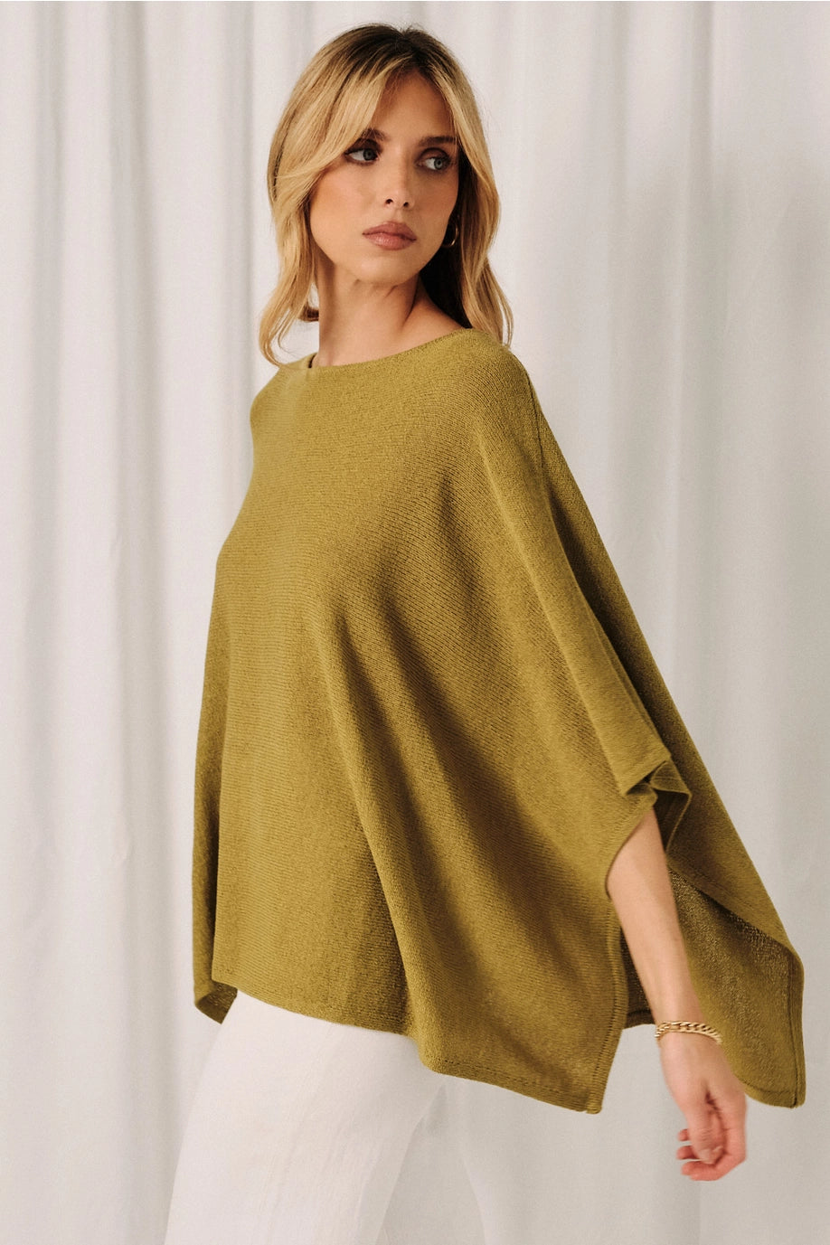 Chartreuse Loose Fit Open Knit Boatneck Layering Cape Sweater